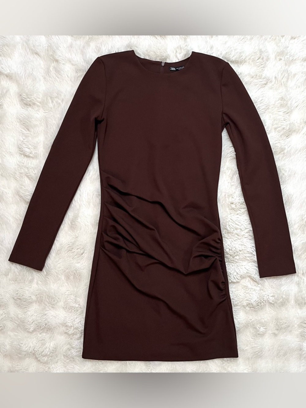 Zara Chocolate Brown Long Sleeve Ruched Mini Dress